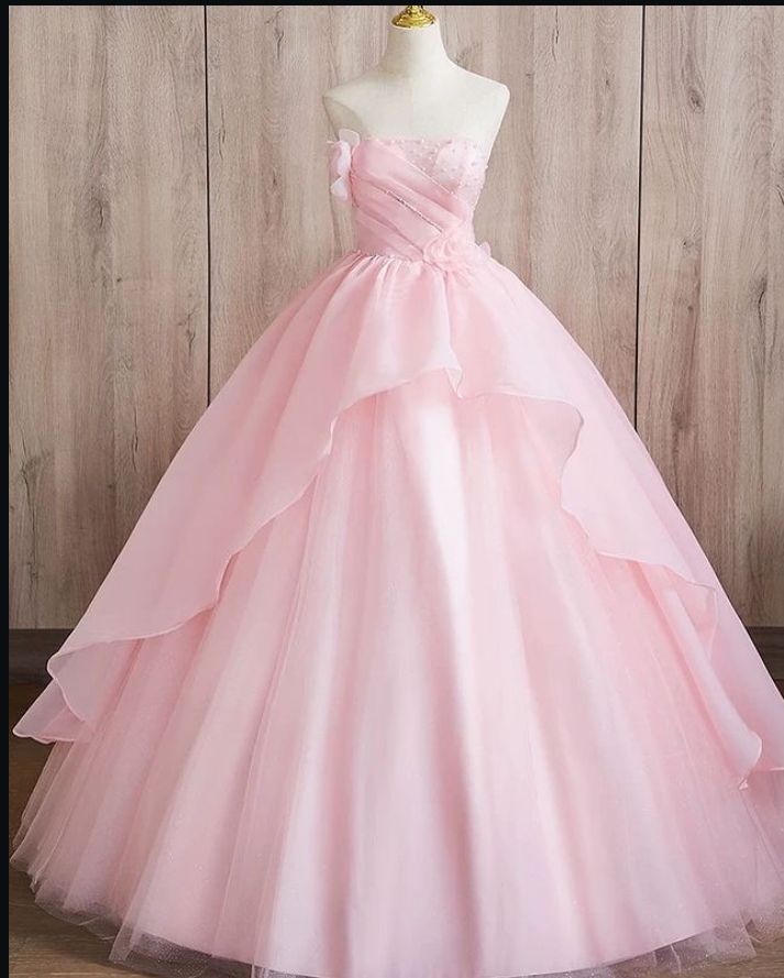 Modest Quinceanera Dresses Ball Gown Strapless Pink Tulle Birthday Gowns Vestidos De 15 Anos Formal Party Long Sweet 16 Dress RB1039