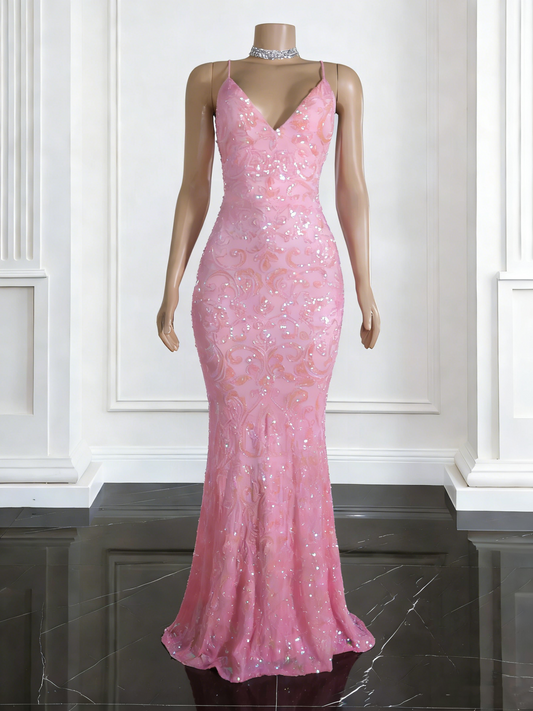Vintage Mermaid Spaghetti Straps Sequin Pink Prom Dresses Long Party Dress 18th Birthday Outfit Graduation Dress RB1044