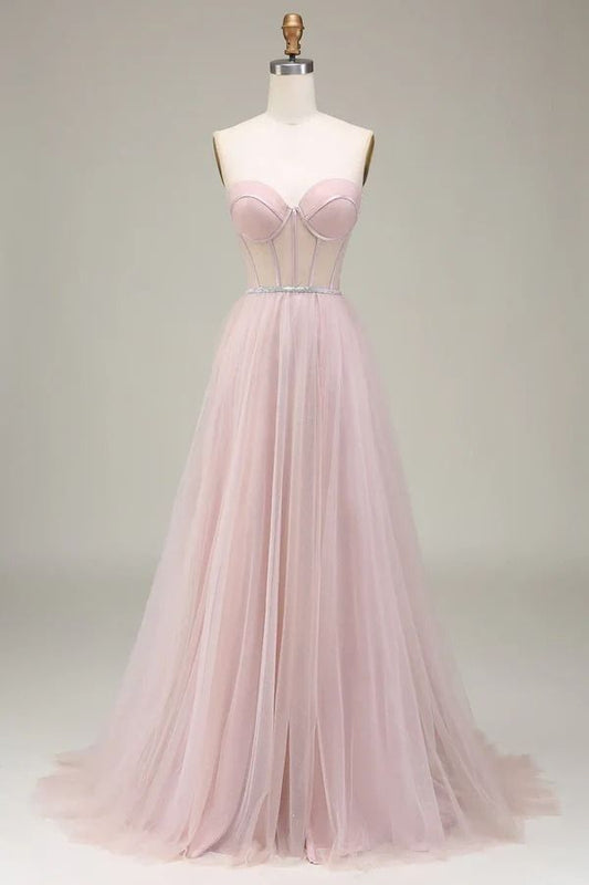 Vintage A Line Sweetheart Light Pink Tulle Prom Dresses Long Party Dress 18th Birthday Outfit Graduation Dress RB1052