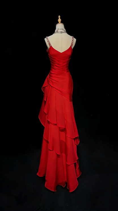Modest Mermaid Straps Chiffon Red Long Prom Dresses New Long Evening Gowns Formal Dress N1417
