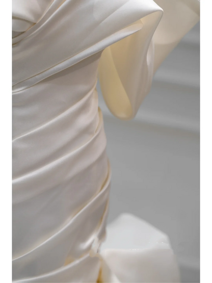 Dream Mermaid Off The Shoulder White Satin Pleated Wedding Dress Styles Long Fairytale Brides Gown Wedding Dresses Ideas RB1056