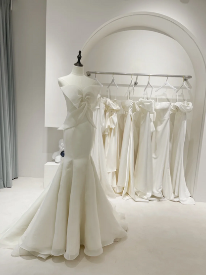 Dream Mermaid Off The Shoulder White Satin Pleated Wedding Dress Styles Long Fairytale Brides Gown Wedding Dresses Ideas RB1056