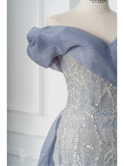 Vintage Mermaid Off The Shoulder Dusty Blue Prom Dresses Long 18th Birthday Outfit Senior High School Dance Party Dress RB1059