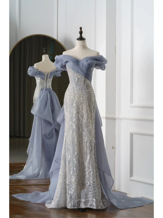 Vintage Mermaid Off The Shoulder Dusty Blue Prom Dresses Long 18th Birthday Outfit Senior High School Dance Party Dress RB1059