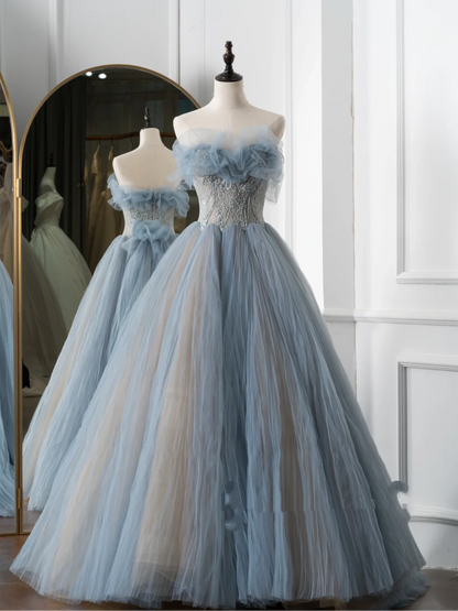 Charming Ball Gown Sweetheart Blue Tulle Prom Dresses Long 18th Birthday Outfit Senior High School Dance Party Dress RB1060