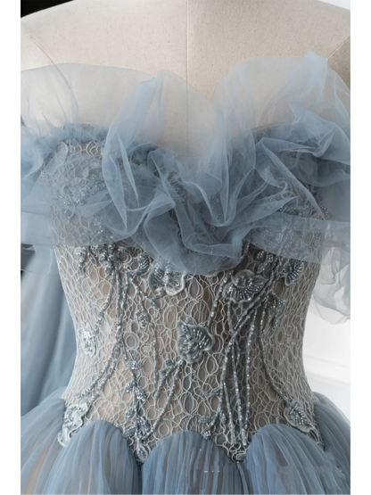 Charming Ball Gown Sweetheart Blue Tulle Prom Dresses Long 18th Birthday Outfit Senior High School Dance Party Dress RB1060