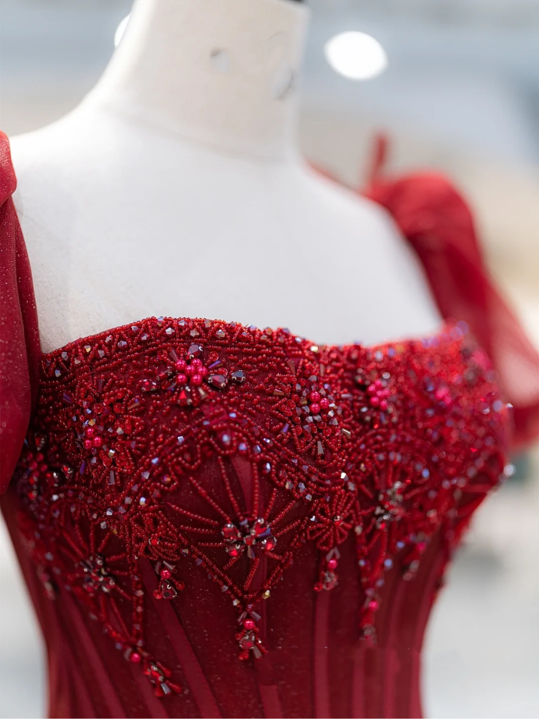 Charming Ball Gown Square Neck Red Tulle Prom Dresses Long 18th Birthday Outfit Senior High School Dance Party Dress RB1063