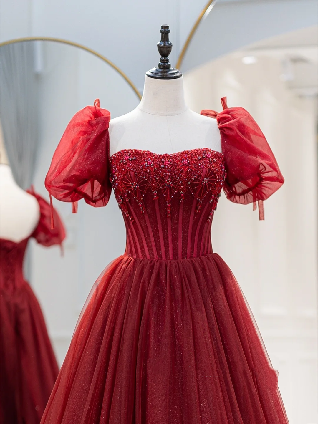 Charming Ball Gown Square Neck Red Tulle Prom Dresses Long 18th Birthday Outfit Senior High School Dance Party Dress RB1063