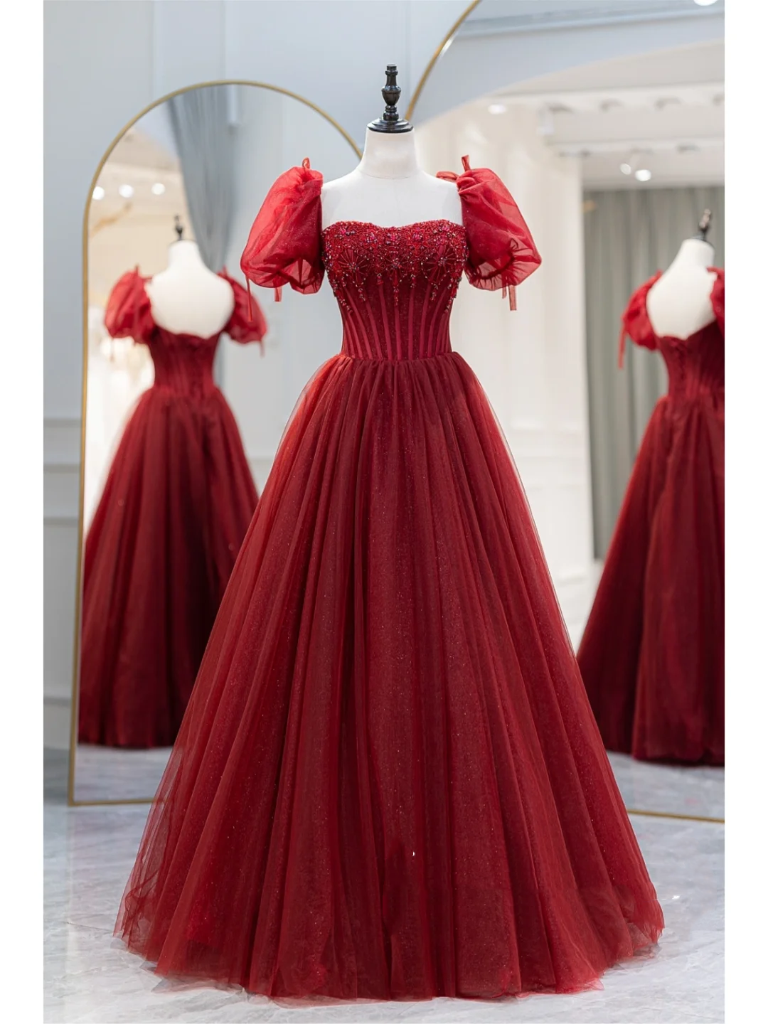 Charming Ball Gown Square Neck Red Tulle Prom Dresses Long 18th Birthday Outfit Senior High School Dance Party Dress RB1063
