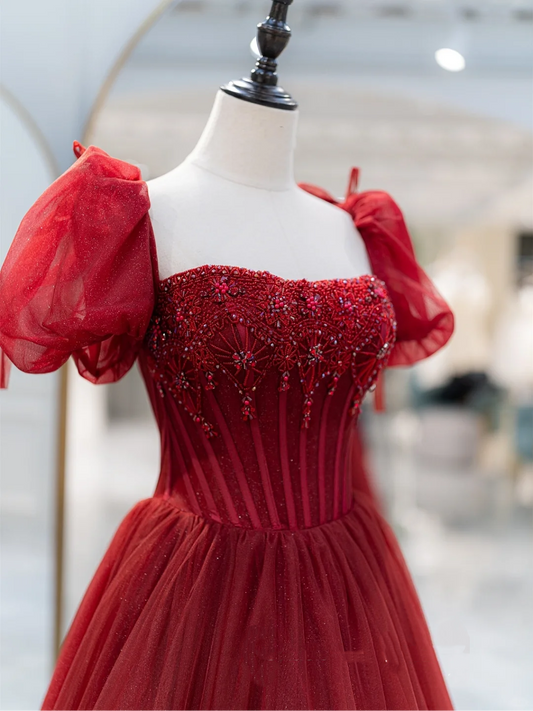 Charming Ball Gown Square Neck Red Tulle Prom Dresses Long 18th Birthday Outfit Senior High School Dance Party Dress RB1063