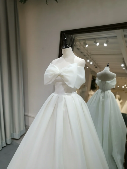 Modest Ball Gown Off The Shoulder Satin Short Sleeves White Wedding Dress Styles Long Bridal Gown Wedding Gowns RB1064
