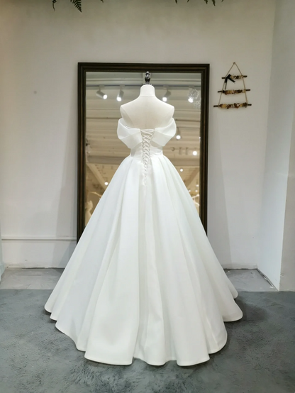 Modest Ball Gown Off The Shoulder Satin Short Sleeves White Wedding Dress Styles Long Bridal Gown Wedding Gowns RB1064