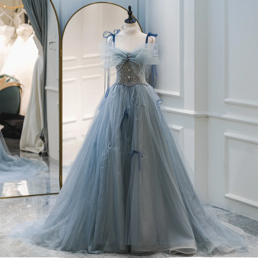 Modest Ball Gown Spaghetti Straps Dusty Blue Tulle Prom Dresses Long Party Dress Birthday Outfit Teenagers Graduation Dress RB1066