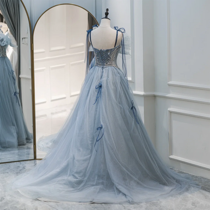 Modest Ball Gown Spaghetti Straps Dusty Blue Tulle Prom Dresses Long Party Dress Birthday Outfit Teenagers Graduation Dress RB1066