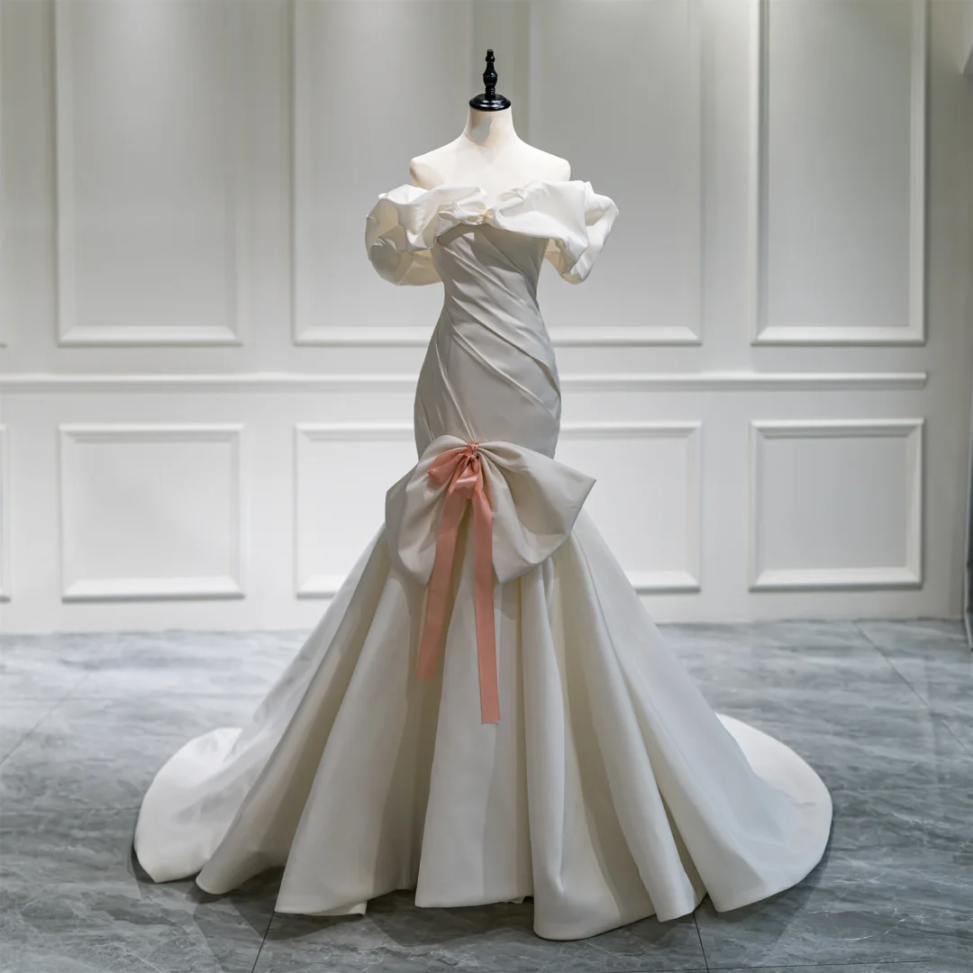 Dreamy Mermaid Short Sleeves Off The Shoulder White Fitted Satin Ruffles Corset Wedding Dress Bridal Gowns Wedding Dresses With Train RB1067
