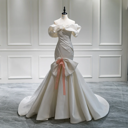 Dreamy Mermaid Short Sleeves Off The Shoulder White Fitted Satin Ruffles Corset Wedding Dress Bridal Gowns Wedding Dresses With Train RB1067