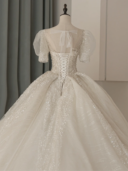 Modest Ball Gown V Neck Sequin Short Puffy Sleeves White Floral Bling Fitted Wedding Dress Styles Long Bridal Gown Wedding Gowns RB1069