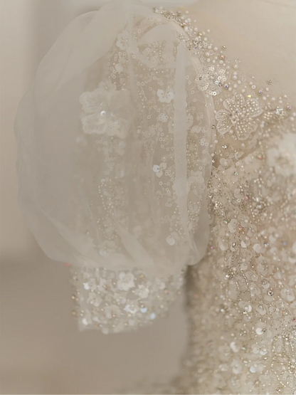Modest Ball Gown V Neck Sequin Short Puffy Sleeves White Floral Bling Fitted Wedding Dress Styles Long Bridal Gown Wedding Gowns RB1069
