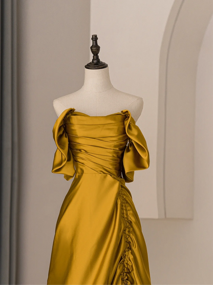 Modest Trendy Mermaid Off The Shoulder Gold Satin Pleated Prom Dresses Style Long Senior High School Party Dress RB1072