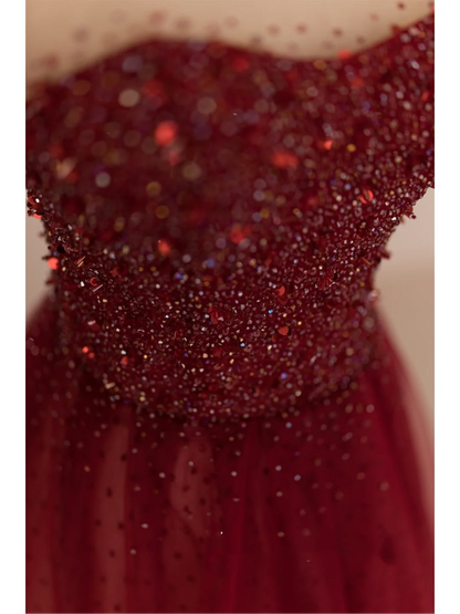 Modest Ball Gown Scoop Burgundy Tulle Prom Dresses Long Party Dress Birthday Outfit Teenagers Graduation Dress RB1074