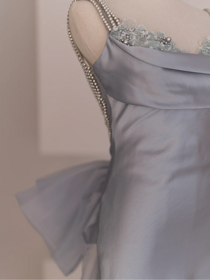 Modest Trendy Mermaid Spaghetti Straps Dusty Gray Organza Pleated Prom Dresses Style Long Senior High School Party Dress RB1075