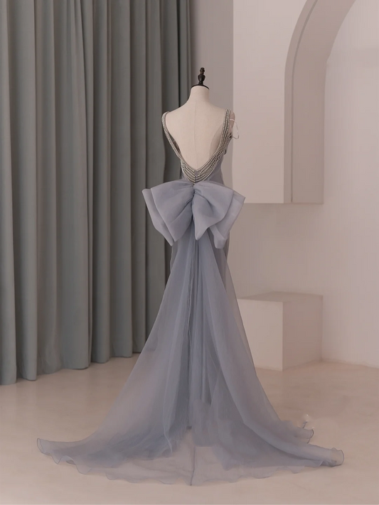 Modest Trendy Mermaid Spaghetti Straps Dusty Gray Organza Pleated Prom Dresses Style Long Senior High School Party Dress RB1075