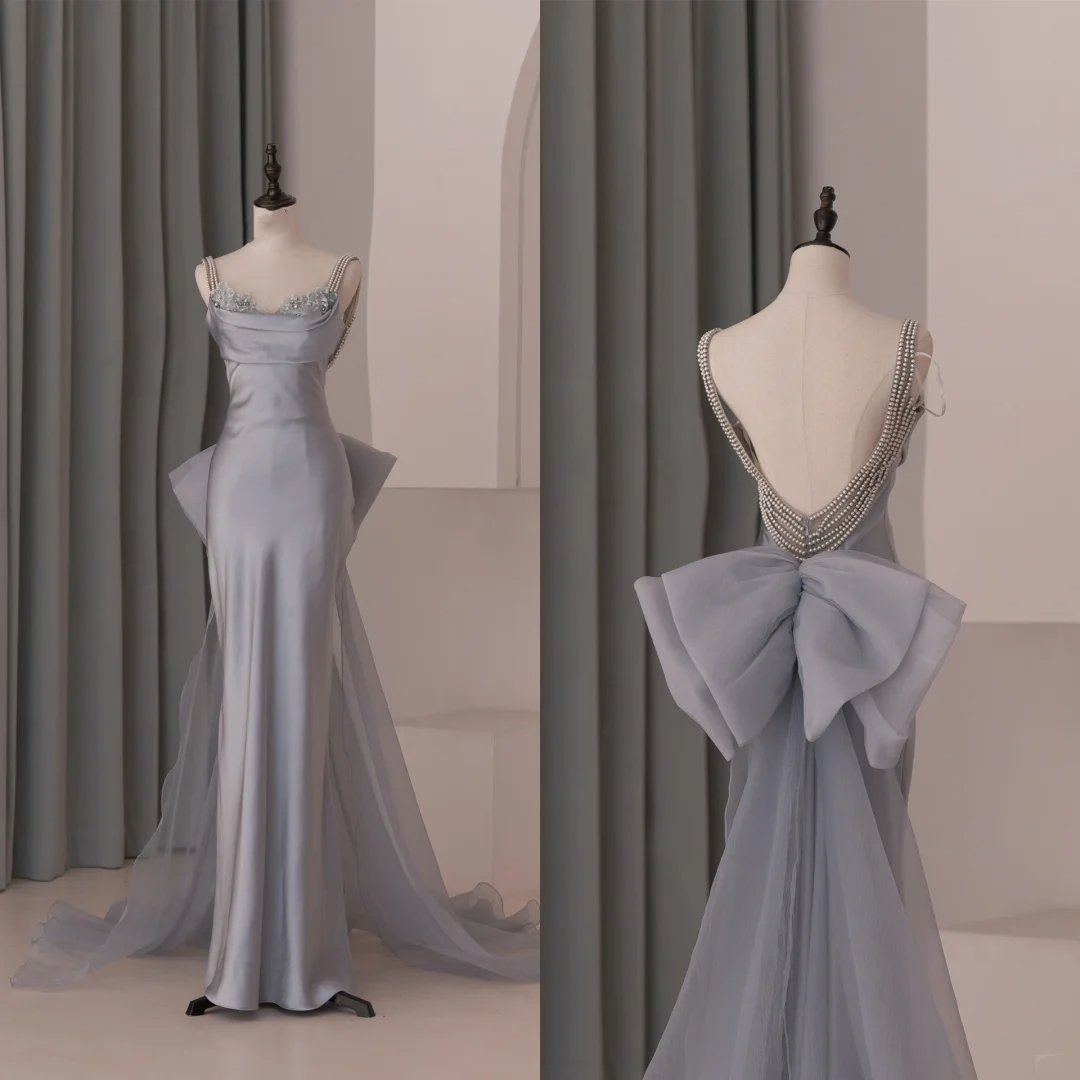 Modest Trendy Mermaid Spaghetti Straps Dusty Gray Organza Pleated Prom Dresses Style Long Senior High School Party Dress RB1075