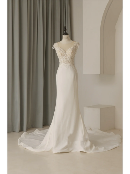 Modest Mermaid V Neck With Cap Sleeves White Lace Fitted Wedding Dress Styles Long Bridal Gown Wedding Gowns RB1077