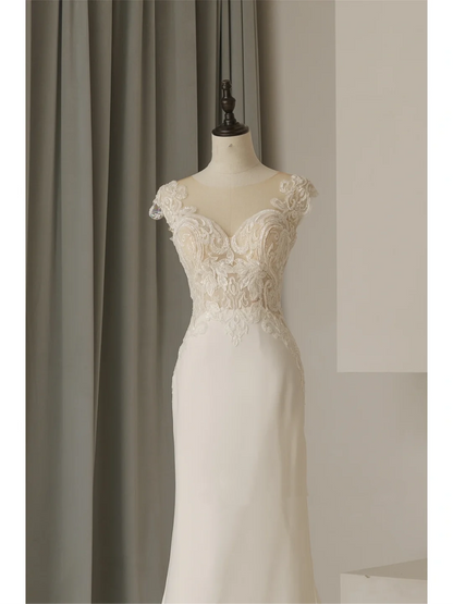 Modest Mermaid V Neck With Cap Sleeves White Lace Fitted Wedding Dress Styles Long Bridal Gown Wedding Gowns RB1077