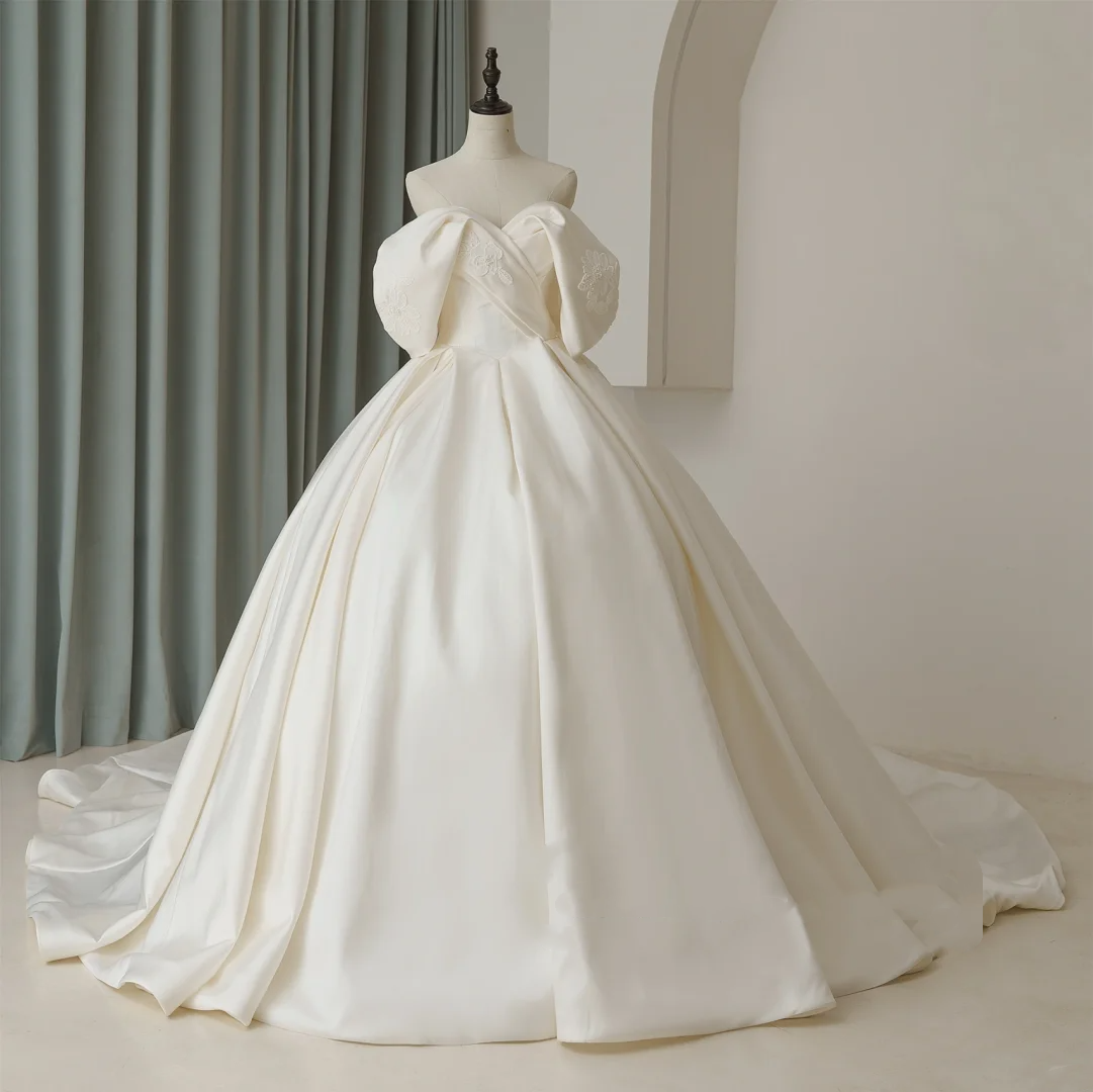 Dreamy Ball Gown Off The Shoulder White Fitted Satin Ruffles Corset Plus Size Wedding Dress Bridal Gowns Wedding Dresses With Train RB1078
