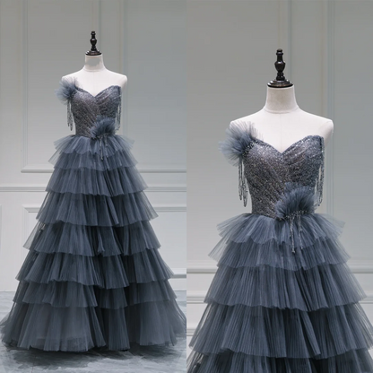Unique Ball Gown Sweetheart Gray Tulle Long Prom Dresses Reveal Inspiration Party Dress Birthday Outfit Graduation Dress RB1082
