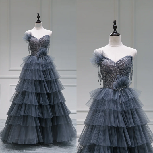 Unique Ball Gown Sweetheart Gray Tulle Long Prom Dresses Reveal Inspiration Party Dress Birthday Outfit Graduation Dress RB1082