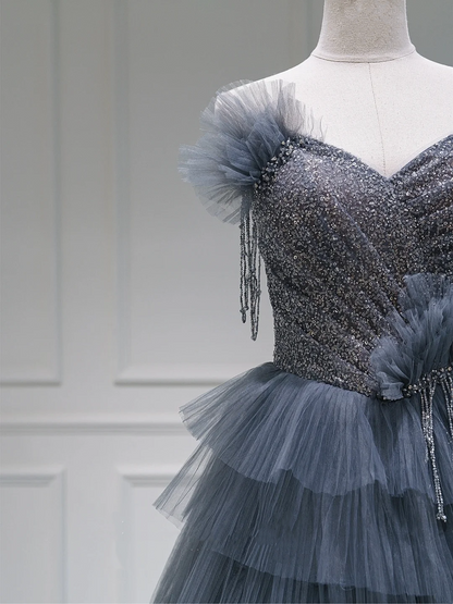 Unique Ball Gown Sweetheart Gray Tulle Long Prom Dresses Reveal Inspiration Party Dress Birthday Outfit Graduation Dress RB1082
