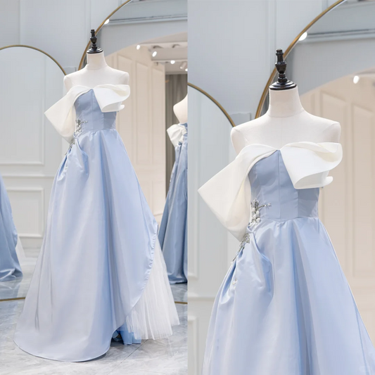 Unique Ball Gown Strapless Blue Satin Long Prom Dresses Inspiration Party Dress Birthday Outfit Graduation Dress RB1085