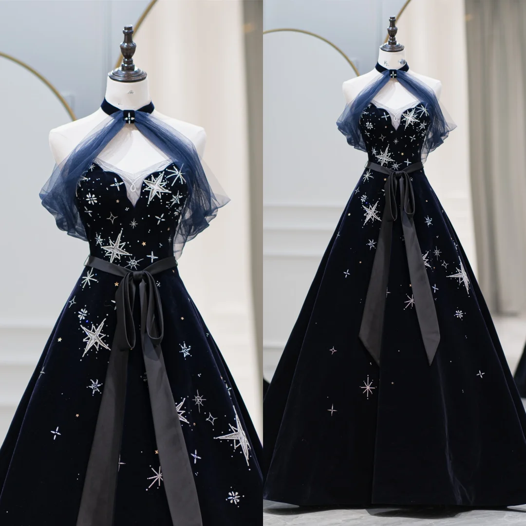 Unique Ball Gown High Neck Velvet Long Prom Dresses Inspiration Party Dress Birthday Outfit Graduation Dress RB1087