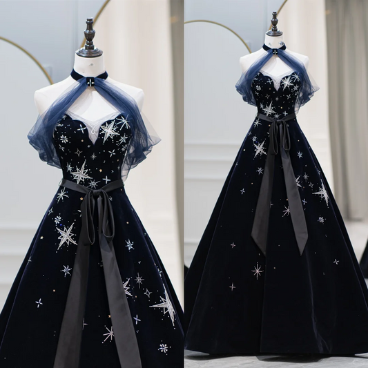 Unique Ball Gown High Neck Velvet Long Prom Dresses Inspiration Party Dress Birthday Outfit Graduation Dress RB1087