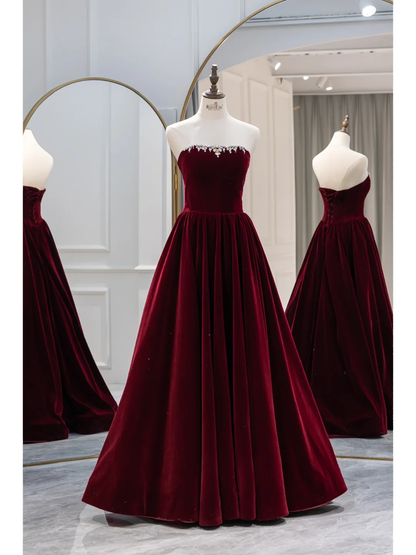 Modest Ball Gown Strapless Velvet Burgundy Prom Dresses Long Party Dress Birthday Outfit Teenagers Graduation Dress RB1088