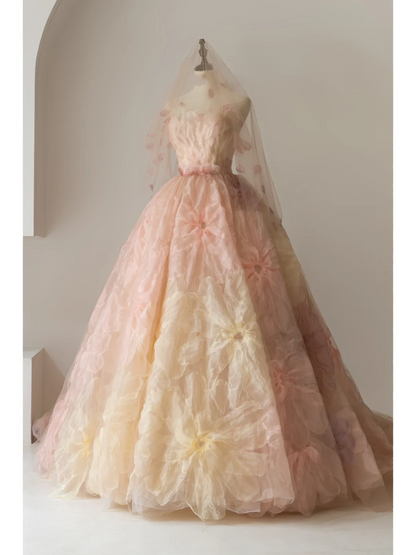 Cute Strapless Ball Gown Pink Floral Tulle Long Quinceanera Dress Birthday Dresses Sweet 15 16 Dress RB1089