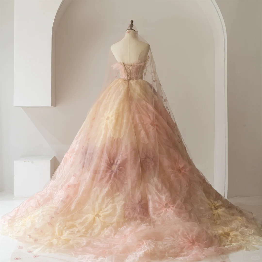 Cute Strapless Ball Gown Pink Floral Tulle Long Quinceanera Dress Birthday Dresses Sweet 15 16 Dress RB1089