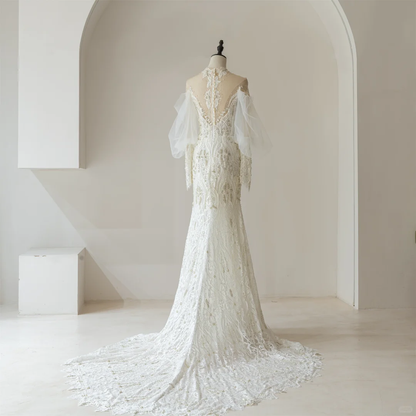 Elegant Mermaid High Neck Long Sleeves Lace White Fitted Wedding Dress Styles Long Bridal Gown Wedding Gowns RB1090
