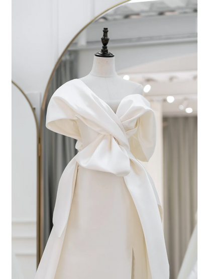 Elegant Mermaid Trumpet Off The Shoulder Short Sleeves Satin Solid White Fitted Wedding Dress Styles Long Bridal Gown Wedding Gowns RB1091