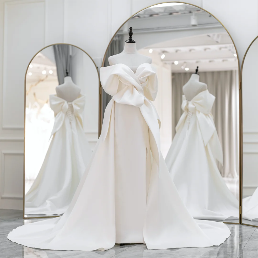 Elegant Mermaid Trumpet Off The Shoulder Short Sleeves Satin Solid White Fitted Wedding Dress Styles Long Bridal Gown Wedding Gowns RB1091