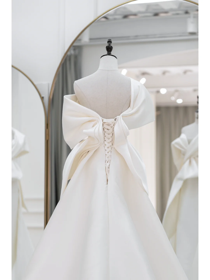 Elegant Mermaid Trumpet Off The Shoulder Short Sleeves Satin Solid White Fitted Wedding Dress Styles Long Bridal Gown Wedding Gowns RB1091