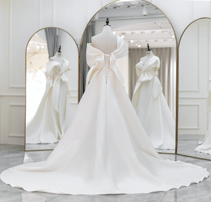 Elegant Mermaid Trumpet Off The Shoulder Short Sleeves Satin Solid White Fitted Wedding Dress Styles Long Bridal Gown Wedding Gowns RB1091