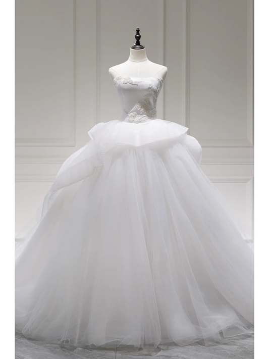 Elegant Modest Ball Gown Strapless Sleeveless White Lace Corset Wedding Dress Styles Long Bridal Gown Wedding Gowns RB1095
