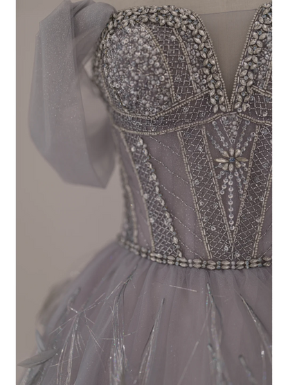 Unique Ball Gown Off The Shoulder Light Gray Long Prom Dresses Reveal Inspiration Party Dress 16th Birthday Outfits Graduation Dress RB1096