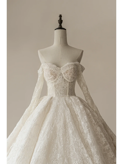 Elegant Ball Gown Off The Shoulder Long Sleeves Lace White Fitted Wedding Dress Styles Long Bridal Gown Wedding Gowns RB1109