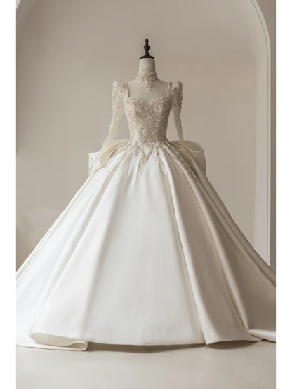 Modest Ball Gown Square Neck Long Sleeves Fitted Satin Corset Wedding Dress Beaded Long Bridal Gown Wedding Gowns RB1110