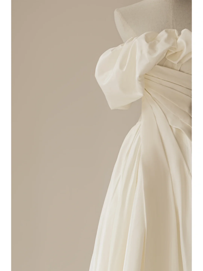 Elegant A line Off The Shoulder Short Sleeves Satin Corset Fitted Wedding Dress Styles Long Bridal Gown Wedding Gowns RB1111