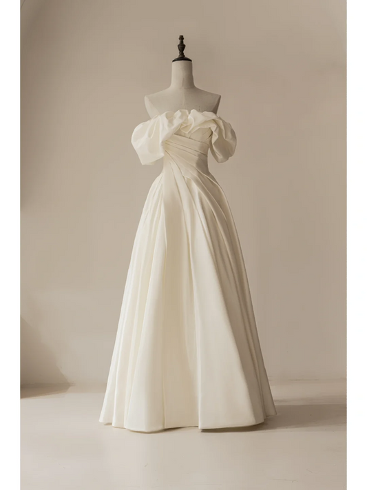 Elegant A line Off The Shoulder Short Sleeves Satin Corset Fitted Wedding Dress Styles Long Bridal Gown Wedding Gowns RB1111